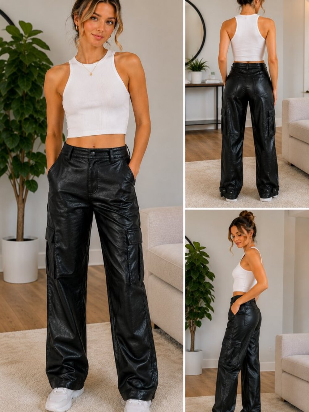 Wilfred Faux Leather Cargo Pants Black Wide Leg Size 4